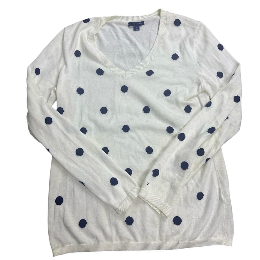 Tommy Hilfiger Women’s Medium Sweater White Navy Polka Dot V-Neck 100% Cotton